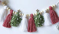 Christmas Garland: White Red and Green Tassels & Wooden Beads - Stars