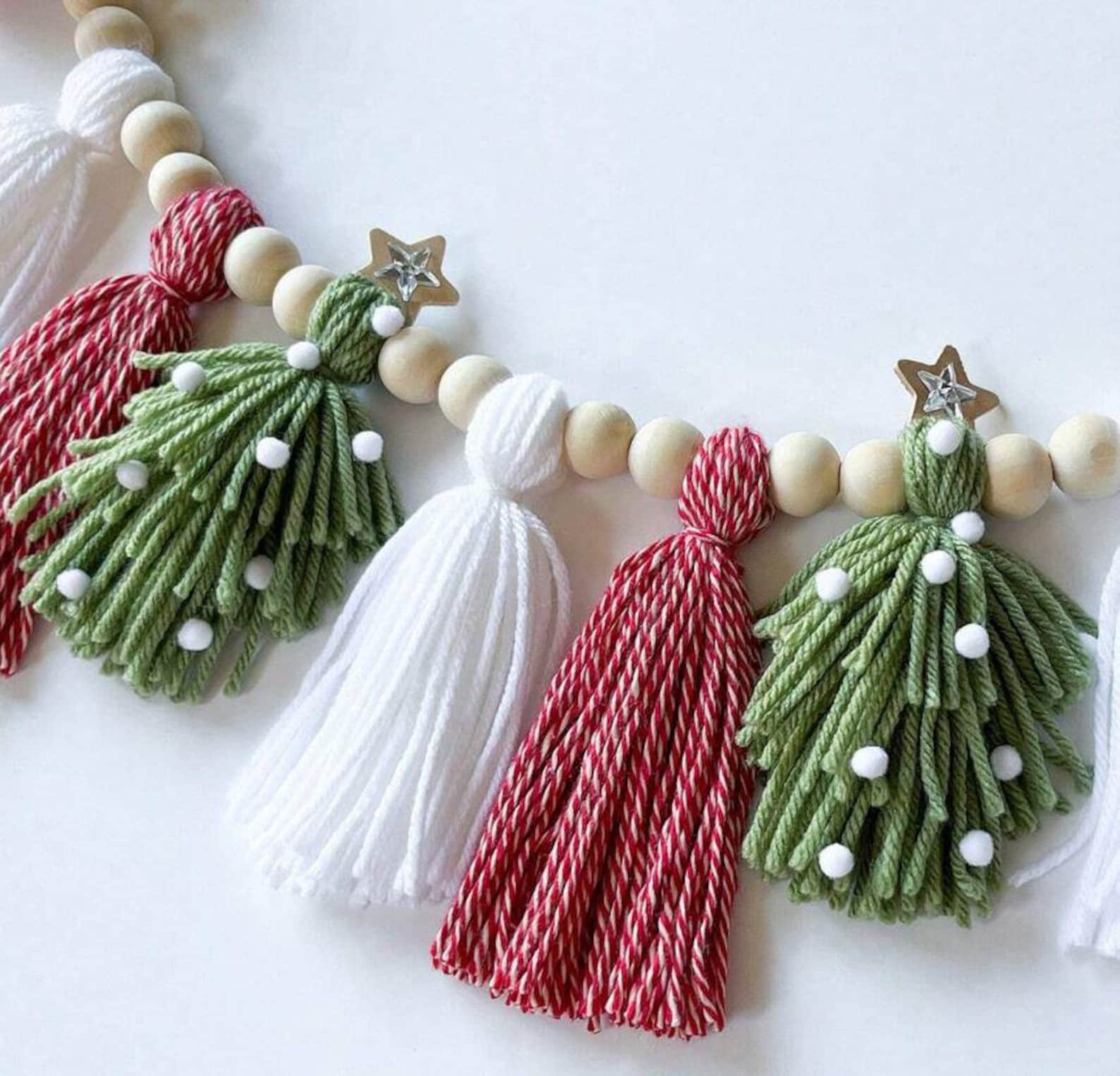 Christmas Garland: White Red and Green Tassels & Wooden Beads - Stars