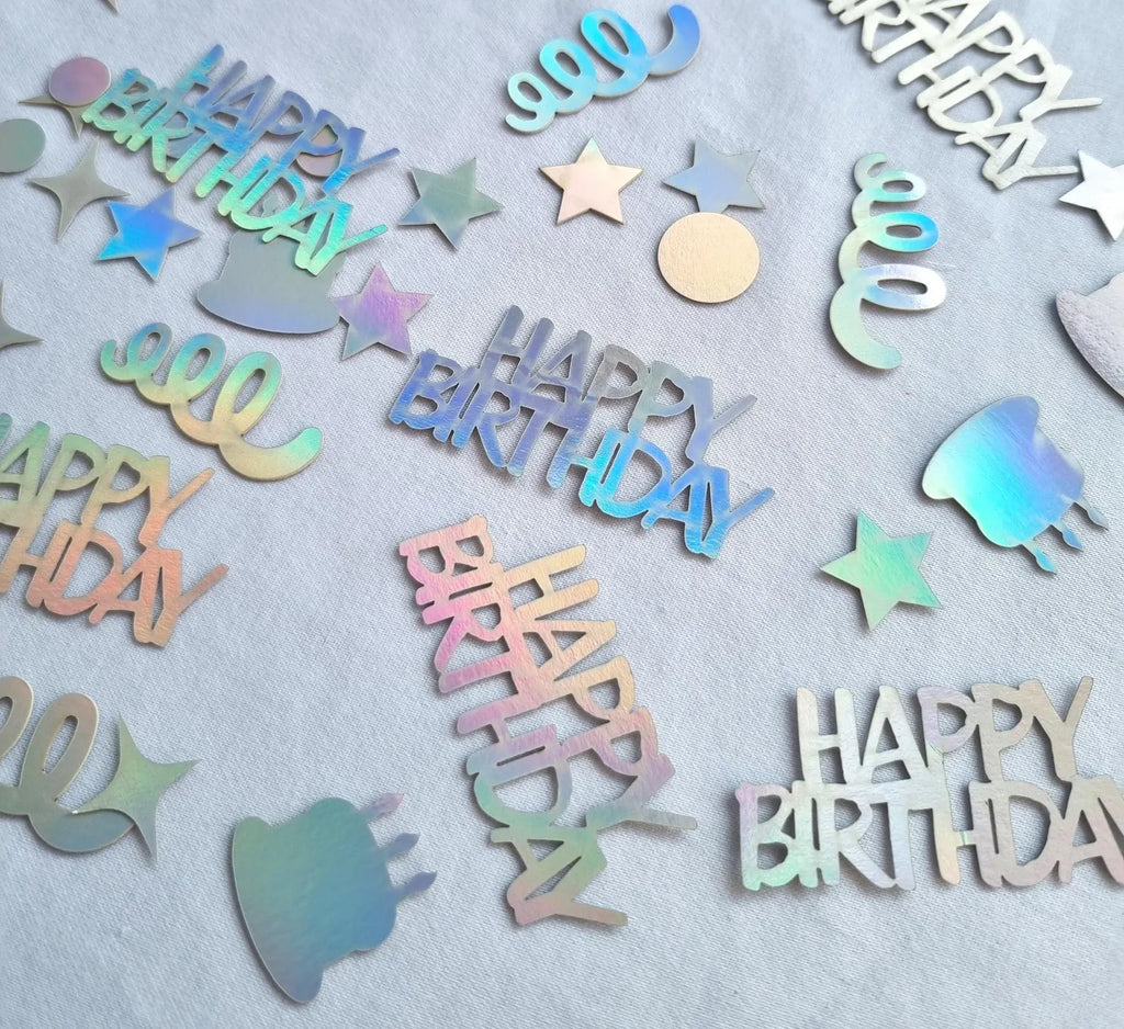 Rainbow Holographic Happy Birthday Confetti - Party Table Scatter - Birthday Cake - Stars - Shiny Silver Sprinkles