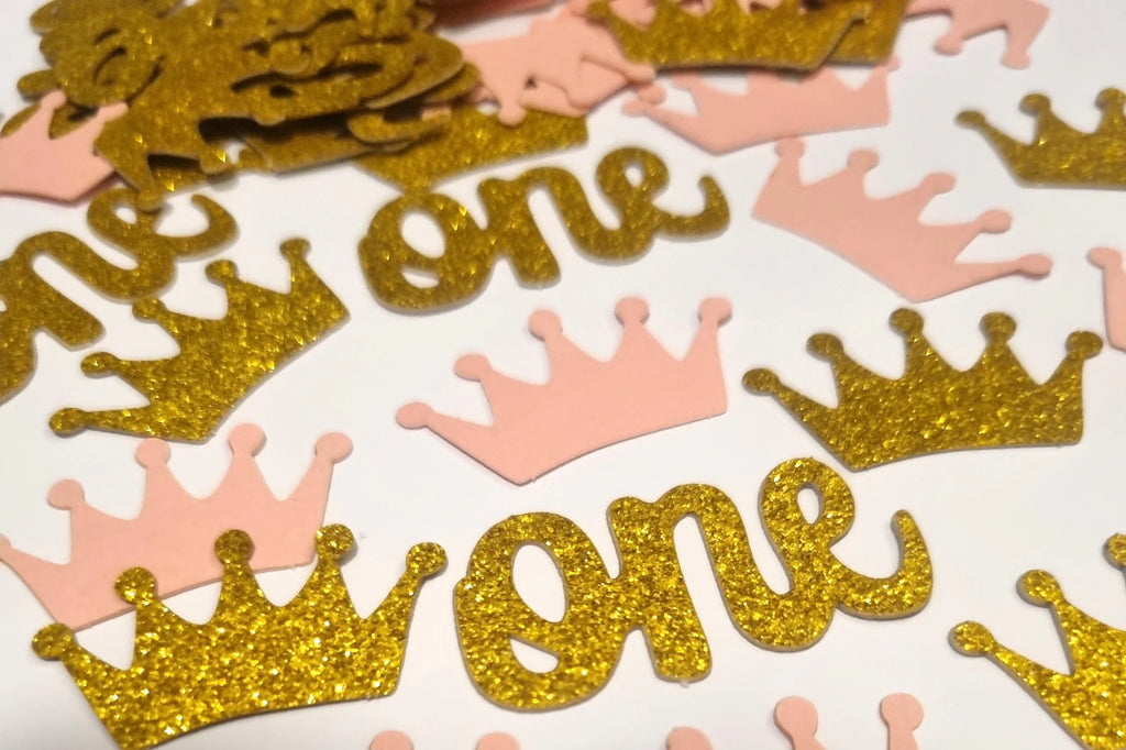 Princess First Birthday Confetti: Pink & Gold Glitter Crowns